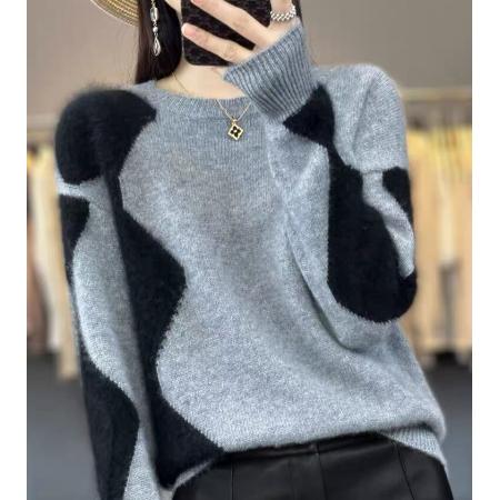 FA47530# 新款拼色提花羊绒衫女圆领套头打底衫毛衣针织羊毛衫秋冬  服裝批發女裝批發服飾貨源