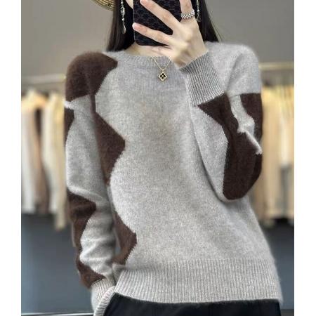 FA47530# 新款拼色提花羊绒衫女圆领套头打底衫毛衣针织羊毛衫秋冬  服裝批發女裝批發服飾貨源