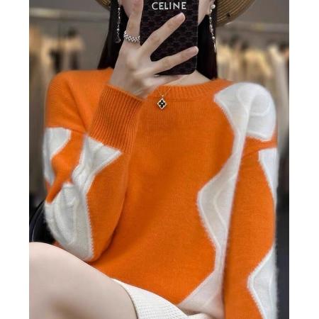 FA47530# 新款拼色提花羊绒衫女圆领套头打底衫毛衣针织羊毛衫秋冬  服裝批發女裝批發服飾貨源