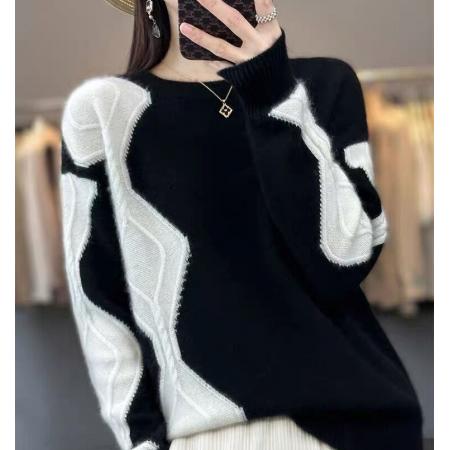 FA47530# 新款拼色提花羊绒衫女圆领套头打底衫毛衣针织羊毛衫秋冬  服裝批發女裝批發服飾貨源