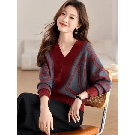FA47531# 前后v领提花针织衫女秋冬新款设计感洋气蝙蝠袖短款上衣  服裝批發女裝批發服飾貨源