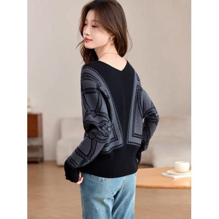 FA47531# 前后v领提花针织衫女秋冬新款设计感洋气蝙蝠袖短款上衣  服裝批發女裝批發服飾貨源