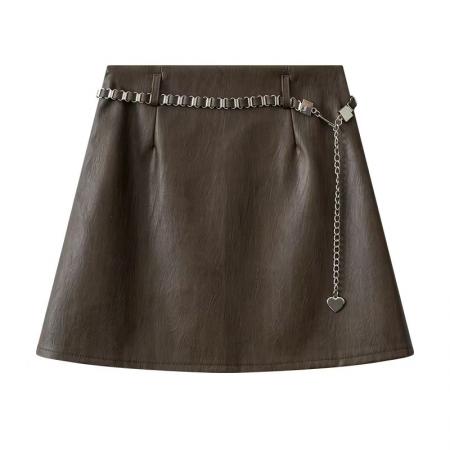 FA47535# 咖色皮裙A字半身裙女秋冬新款高级感显瘦pu包臀裙高腰短裙子  服裝批發女裝批發服飾貨源