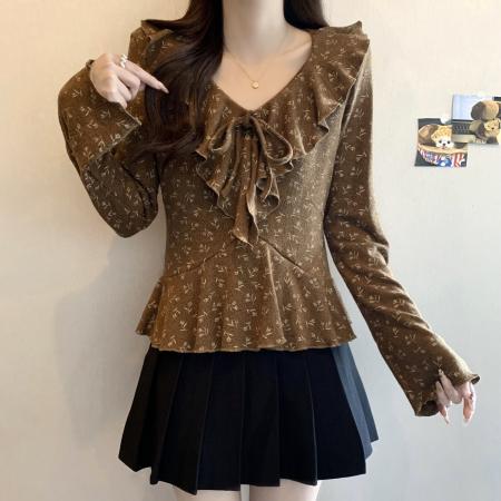 FA47538# 大码秋冬新款正肩V领荷叶边系带减龄气质打底衫上衣  服裝批發女裝批發服飾貨源