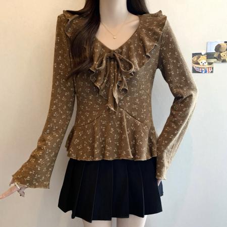 FA47538# 大码秋冬新款正肩V领荷叶边系带减龄气质打底衫上衣  服裝批發女裝批發服飾貨源