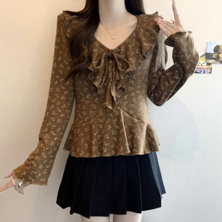 FA47538# 大码秋冬新款正肩V领荷叶边系带减龄气质打底衫上衣  服裝批發女裝批發服飾貨源