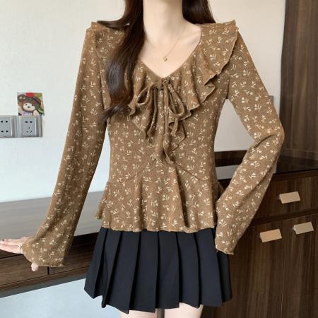 FA47538# 大码秋冬新款正肩V领荷叶边系带减龄气质打底衫上衣  服裝批發女裝批發服飾貨源