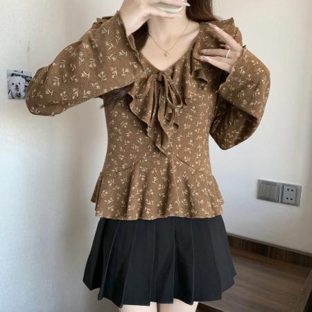 FA47538# 大码秋冬新款正肩V领荷叶边系带减龄气质打底衫上衣  服裝批發女裝批發服飾貨源