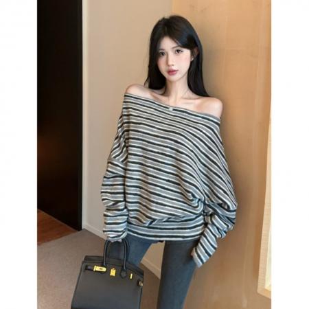 FA47541# 慵懒风柔软斜肩宽松条纹撞色长袖针织上衣  服裝批發女裝批發服飾貨源