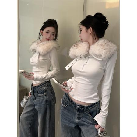 FA47542# 设计感可拆卸大毛领辣妹修身显瘦打底衫上衣  服裝批發女裝批發服飾貨源