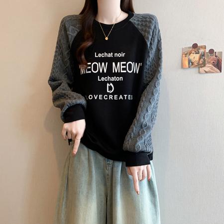 FA47543# 秋冬新款大码韩版时尚宽松显瘦字母印花休闲百搭拼接卫衣  服裝批發女裝批發服飾貨源