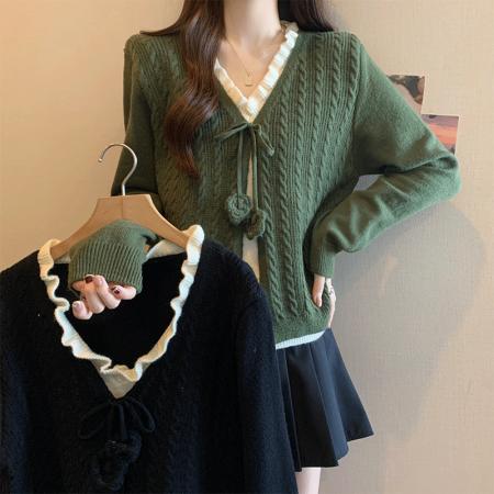 FA47544# 秋冬新款大码女法式复古时尚设计小众系带假两件针织上衣  服裝批發女裝批發服飾貨源