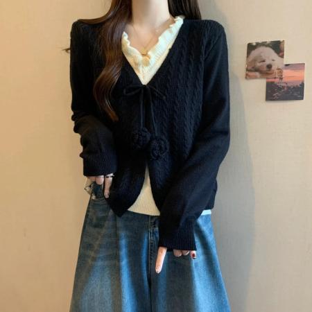 FA47544# 秋冬新款大码女法式复古时尚设计小众系带假两件针织上衣  服裝批發女裝批發服飾貨源