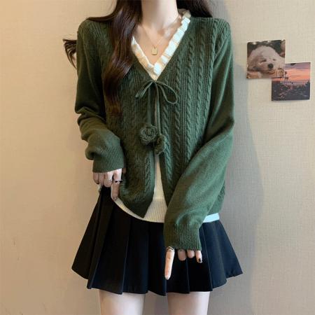 FA47544# 秋冬新款大码女法式复古时尚设计小众系带假两件针织上衣  服裝批發女裝批發服飾貨源