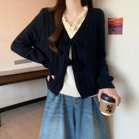 FA47544# 秋冬新款大码女法式复古时尚设计小众系带假两件针织上衣  服裝批發女裝批發服飾貨源