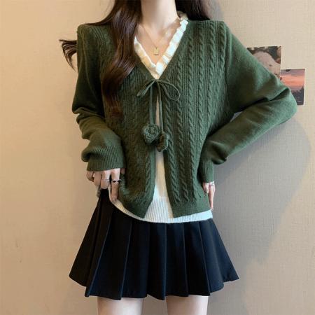 FA47544# 秋冬新款大码女法式复古时尚设计小众系带假两件针织上衣  服裝批發女裝批發服飾貨源