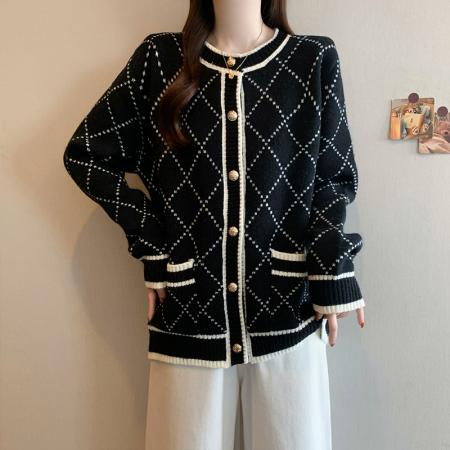 FA47545# 冬季新款大码女时尚小香风宽松百搭慵懒格纹针织开衫外套  服裝批發女裝批發服飾貨源