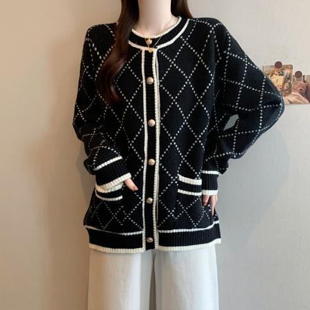 FA47545# 冬季新款大码女时尚小香风宽松百搭慵懒格纹针织开衫外套  服裝批發女裝批發服飾貨源