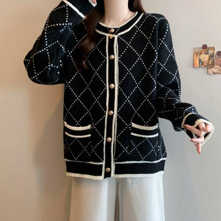 FA47545# 冬季新款大码女时尚小香风宽松百搭慵懒格纹针织开衫外套  服裝批發女裝批發服飾貨源