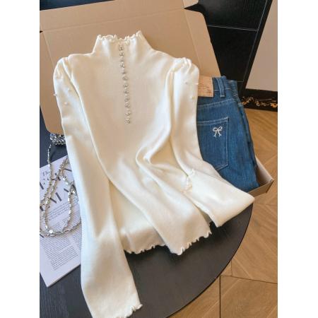 FA47547# 高级感木耳边半高领长袖针织衫女秋冬新款重工烫钻修身显瘦打底衫  服裝批發女裝批發服飾貨源