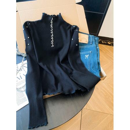 FA47547# 高级感木耳边半高领长袖针织衫女秋冬新款重工烫钻修身显瘦打底衫  服裝批發女裝批發服飾貨源