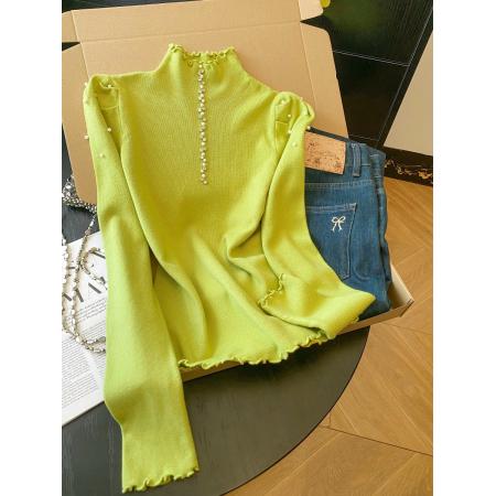 FA47547# 高级感木耳边半高领长袖针织衫女秋冬新款重工烫钻修身显瘦打底衫  服裝批發女裝批發服飾貨源