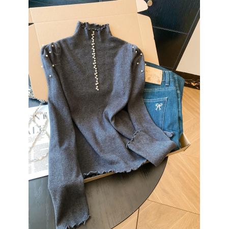 FA47547# 高级感木耳边半高领长袖针织衫女秋冬新款重工烫钻修身显瘦打底衫  服裝批發女裝批發服飾貨源