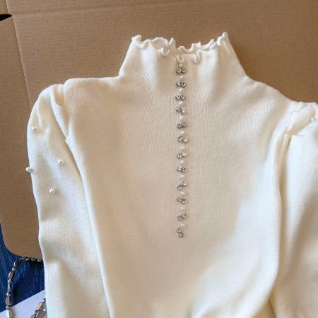 FA47547# 高级感木耳边半高领长袖针织衫女秋冬新款重工烫钻修身显瘦打底衫  服裝批發女裝批發服飾貨源