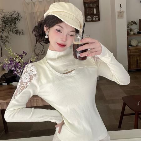 半高领镂空蕾丝拼接长袖毛针织衫女秋冬新款百搭显瘦打底上衣  服裝批發女裝批發服飾貨源