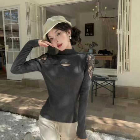 FA47548# 半高领镂空蕾丝拼接长袖毛针织衫女秋冬新款百搭显瘦打底上衣  服裝批發女裝批發服飾貨源