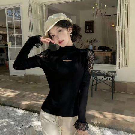 FA47548# 半高领镂空蕾丝拼接长袖毛针织衫女秋冬新款百搭显瘦打底上衣  服裝批發女裝批發服飾貨源