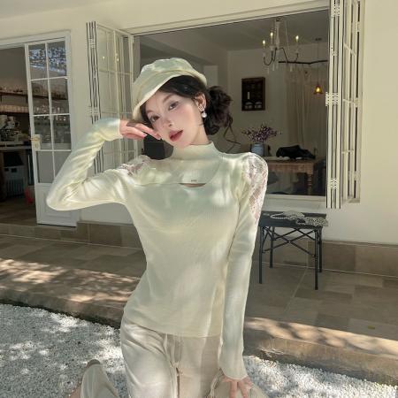 FA47548# 半高领镂空蕾丝拼接长袖毛针织衫女秋冬新款百搭显瘦打底上衣  服裝批發女裝批發服飾貨源