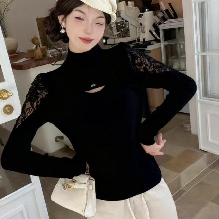 FA47548# 半高领镂空蕾丝拼接长袖毛针织衫女秋冬新款百搭显瘦打底上衣  服裝批發女裝批發服飾貨源