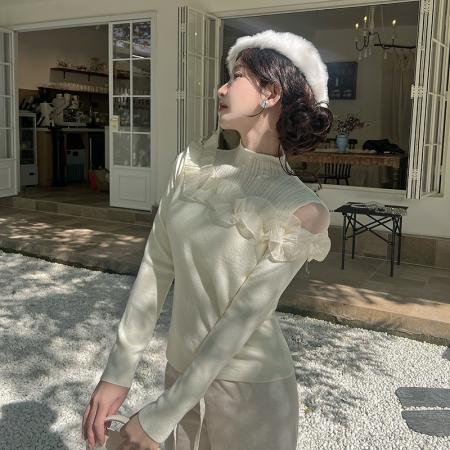 FA47549# 秋冬新款时尚波浪立体花毛针织衫女修身显瘦百搭打底上衣  服裝批發女裝批發服飾貨源