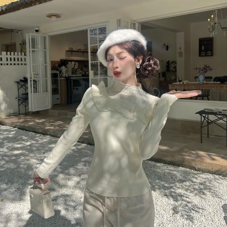 FA47549# 秋冬新款时尚波浪立体花毛针织衫女修身显瘦百搭打底上衣  服裝批發女裝批發服飾貨源