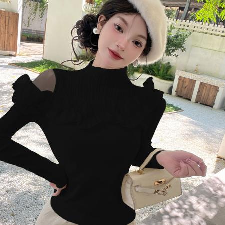 FA47549# 秋冬新款时尚波浪立体花毛针织衫女修身显瘦百搭打底上衣  服裝批發女裝批發服飾貨源