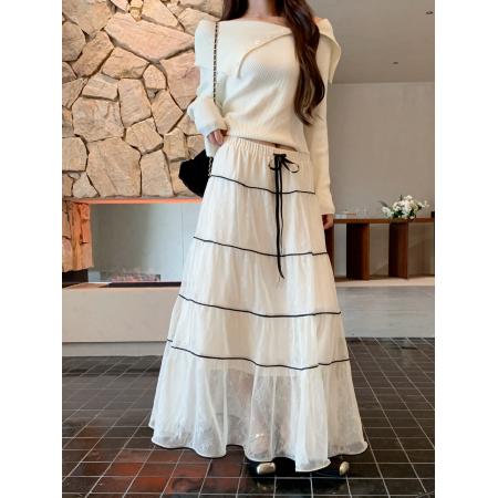 FA47550# 。蕾丝压褶重工半身长裙➕不规则翻领一字肩纯欲风针织衫  服裝批發女裝批發服飾貨源