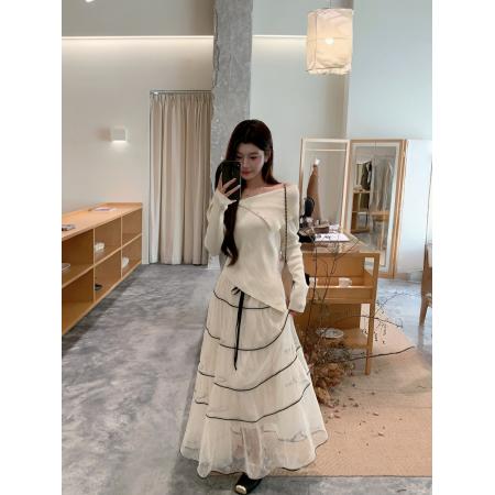 FA47550# 。蕾丝压褶重工半身长裙➕不规则翻领一字肩纯欲风针织衫  服裝批發女裝批發服飾貨源