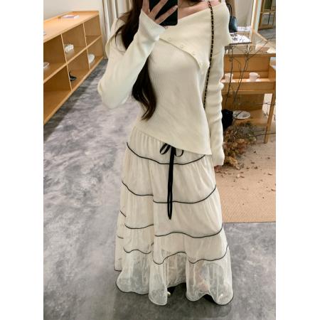 FA47550# 。蕾丝压褶重工半身长裙➕不规则翻领一字肩纯欲风针织衫  服裝批發女裝批發服飾貨源