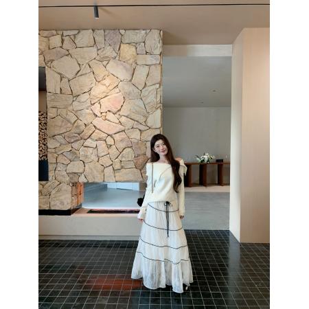 FA47550# 。蕾丝压褶重工半身长裙➕不规则翻领一字肩纯欲风针织衫  服裝批發女裝批發服飾貨源