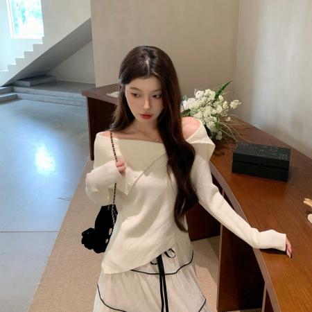 FA47550# 。蕾丝压褶重工半身长裙➕不规则翻领一字肩纯欲风针织衫  服裝批發女裝批發服飾貨源