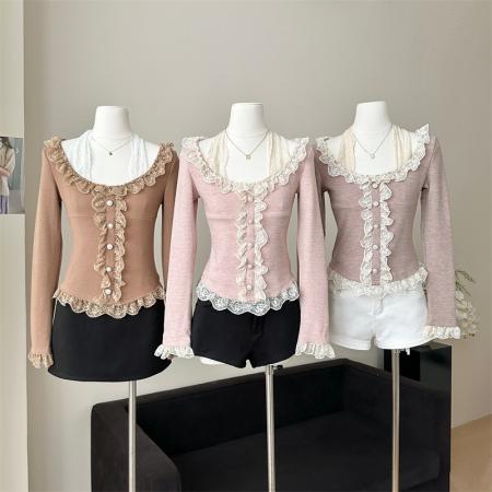 FA47551# 秋上新假两件设计蕾丝挂脖拼接长袖打底衫木耳边百搭修身t恤女  服裝批發女裝批發服飾貨源