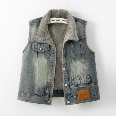 FA47552# 新款复古时尚翻领蝴蝶结加绒牛仔马甲女秋冬季宽松百搭无袖  服裝批發女裝批發服飾貨源