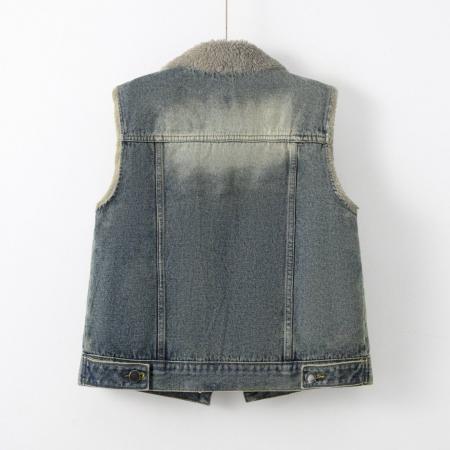 FA47552# 新款复古时尚翻领蝴蝶结加绒牛仔马甲女秋冬季宽松百搭无袖  服裝批發女裝批發服飾貨源