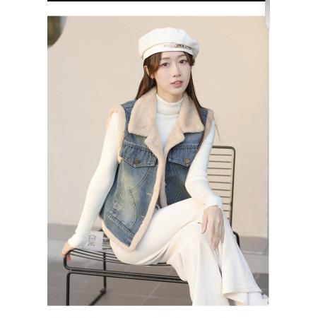 FA47553# 羊羔绒牛仔马甲外套女秋冬季韩版宽松小个子加绒加厚背心马夹坎肩  服裝批發女裝批發服飾貨源