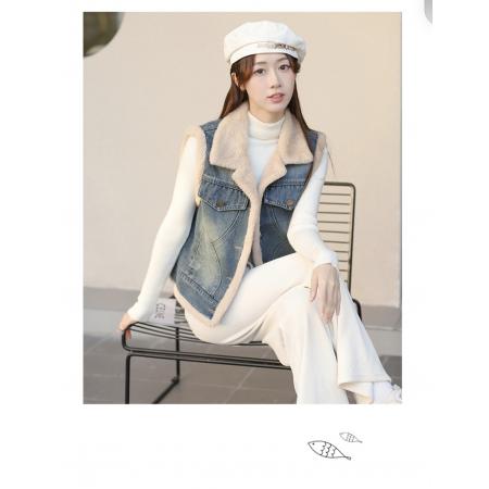 FA47553# 羊羔绒牛仔马甲外套女秋冬季韩版宽松小个子加绒加厚背心马夹坎肩  服裝批發女裝批發服飾貨源