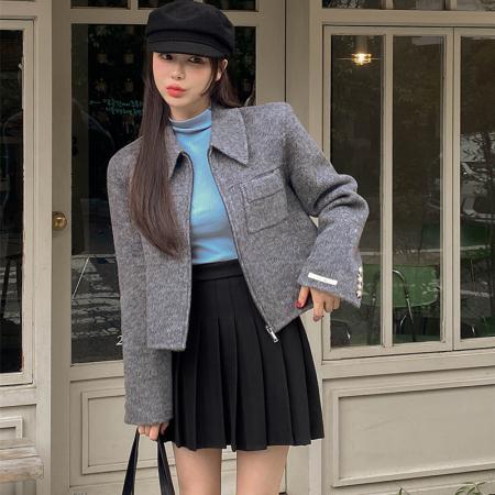 FA47555# 新款翻领小众口袋简约毛呢夹克外套女  服裝批發女裝批發服飾貨源