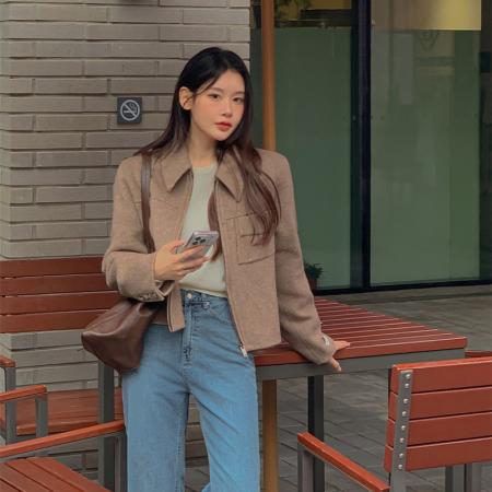 FA47555# 新款翻领小众口袋简约毛呢夹克外套女  服裝批發女裝批發服飾貨源