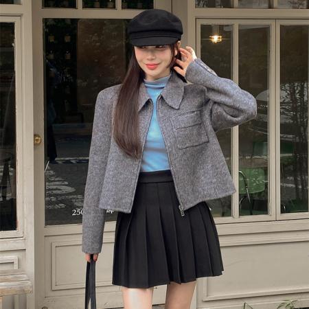 FA47555# 新款翻领小众口袋简约毛呢夹克外套女  服裝批發女裝批發服飾貨源