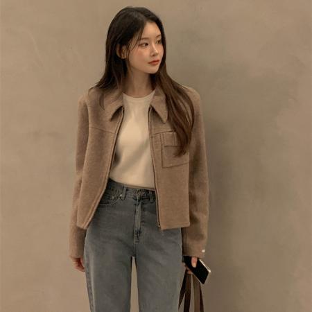 FA47555# 新款翻领小众口袋简约毛呢夹克外套女  服裝批發女裝批發服飾貨源